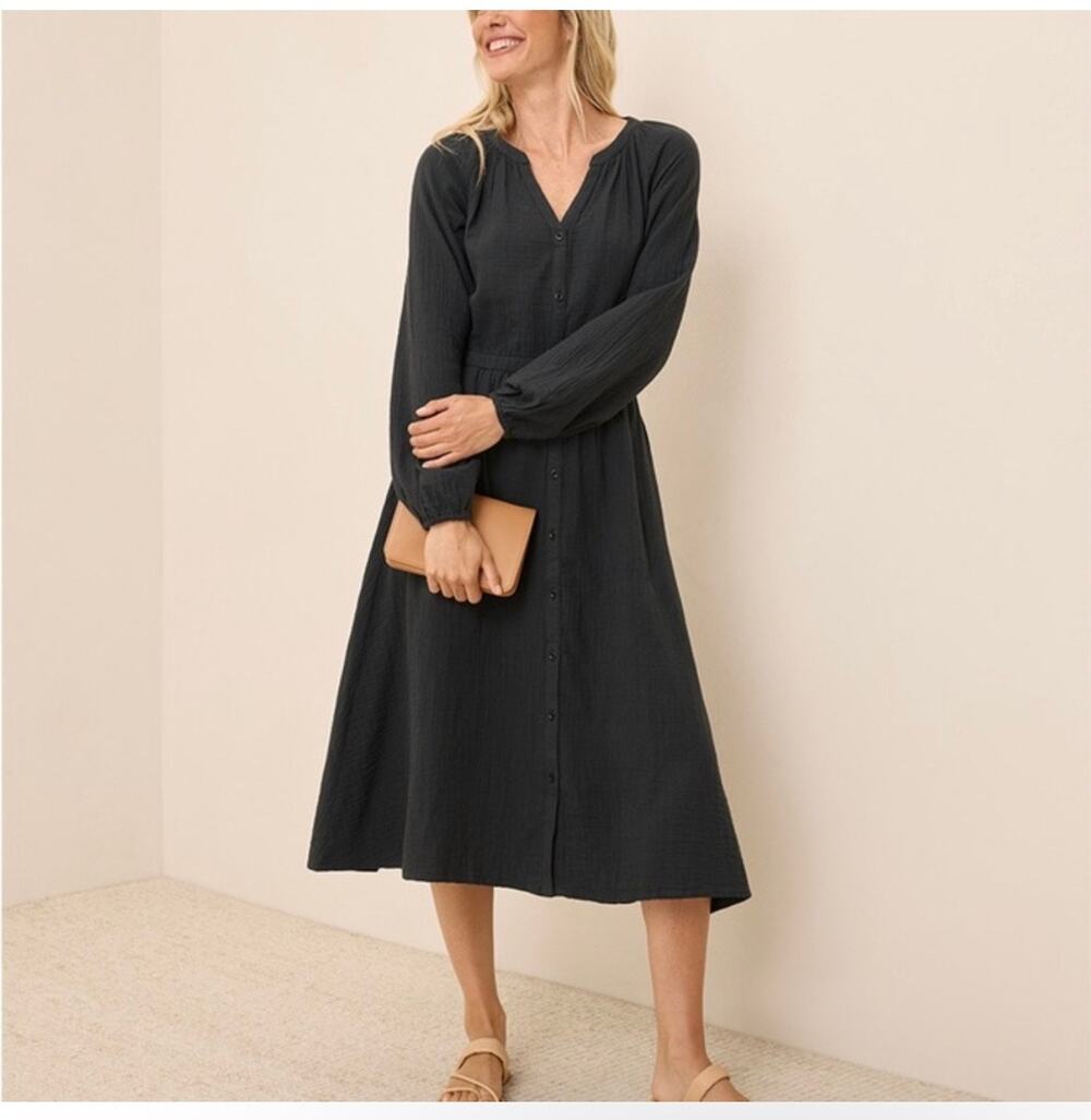 Pact Gray Organic Cotton Coastal Double Gauze Long Sleeve Poet Maxi Dress Sz Lg